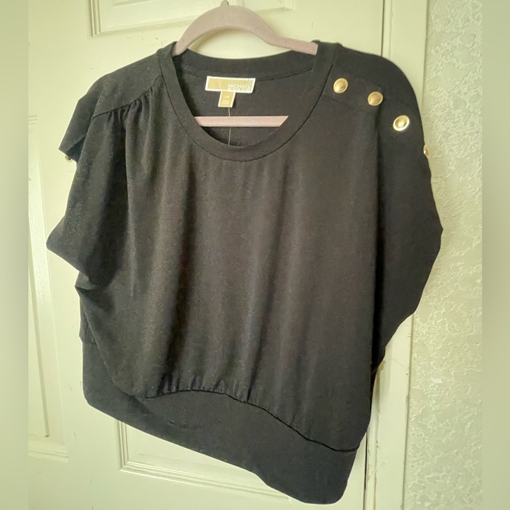 Michael Michael Kors black short sleeve blouse with gold buttons SZ L NWT